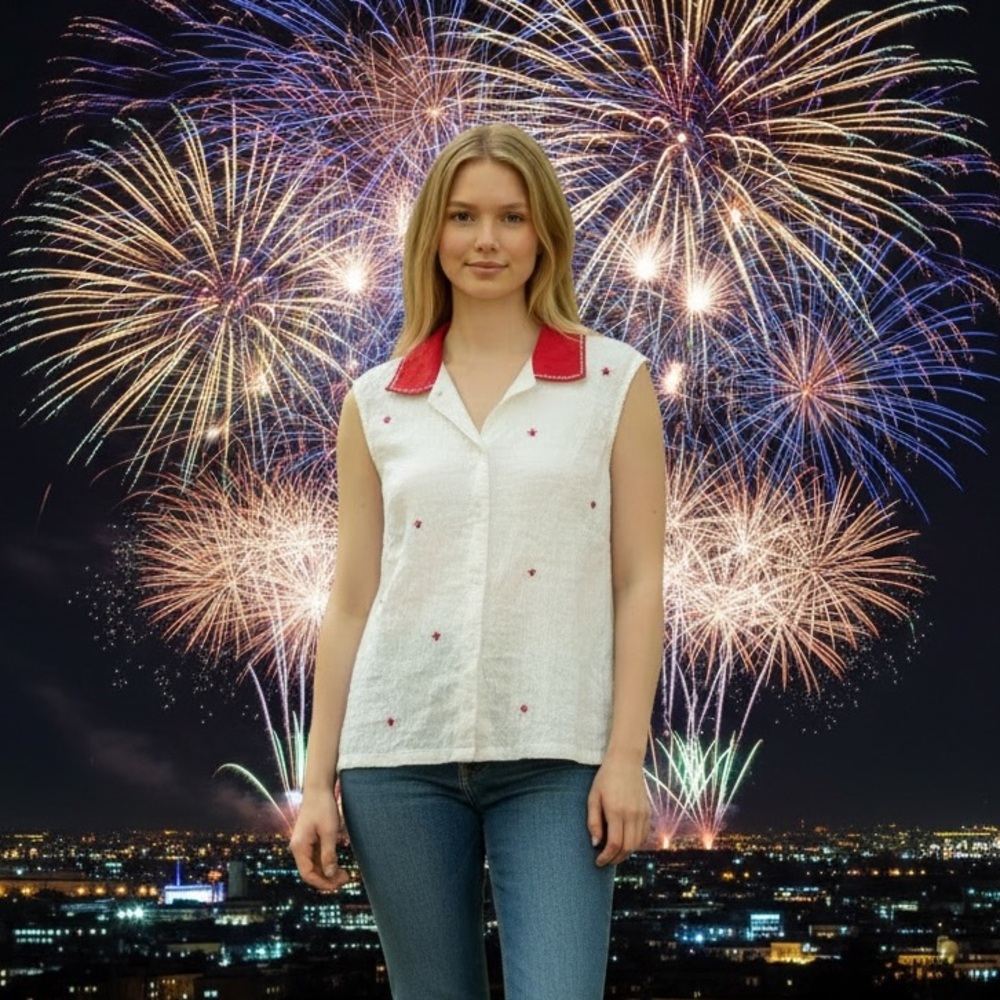 LEMON GRASS Sleeveless White Blouse w/Embroidered Red Stars Size L Patriotic USA